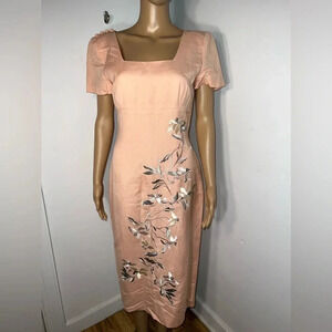 Vintage, Donna Morgan, 6, peach with gray embroidered floral design, midi dress